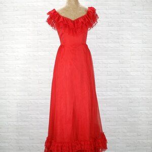 VINTAGE Prom Dress Lace Ruffle Sleeveless Feminine Off Shoulder Ballgown Maxi 8